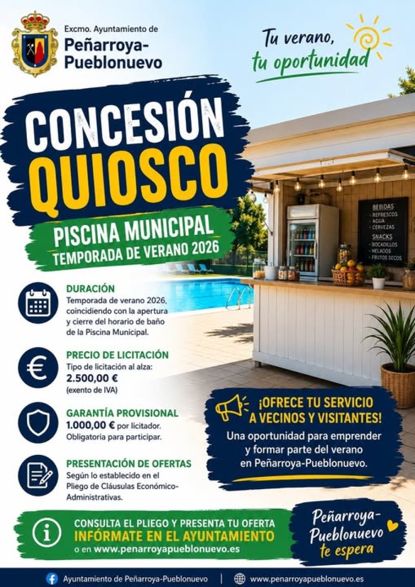 Ayuntamiento licita gestión del quiosco de la piscina para verano 2026: tipo 2.500€, garantía 1.000€