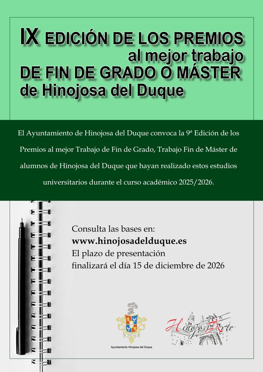 Convocan 9ª edición de premios TFG/TFM de Hinojosa del Duque: 800€ al ganador (plazo 15/12/2026)