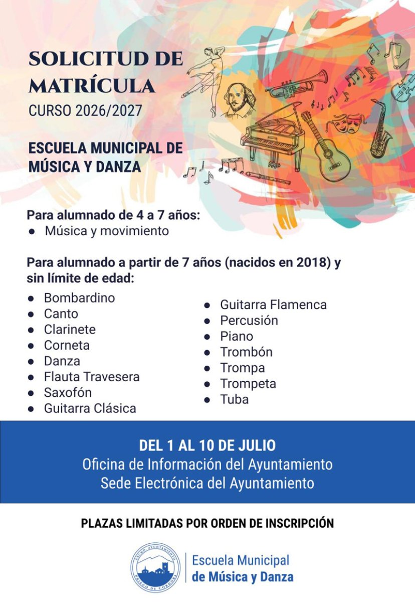 Próxima Apertura del Plazo de Matriculación para la Escuela de Música y Danza 2026-2027
