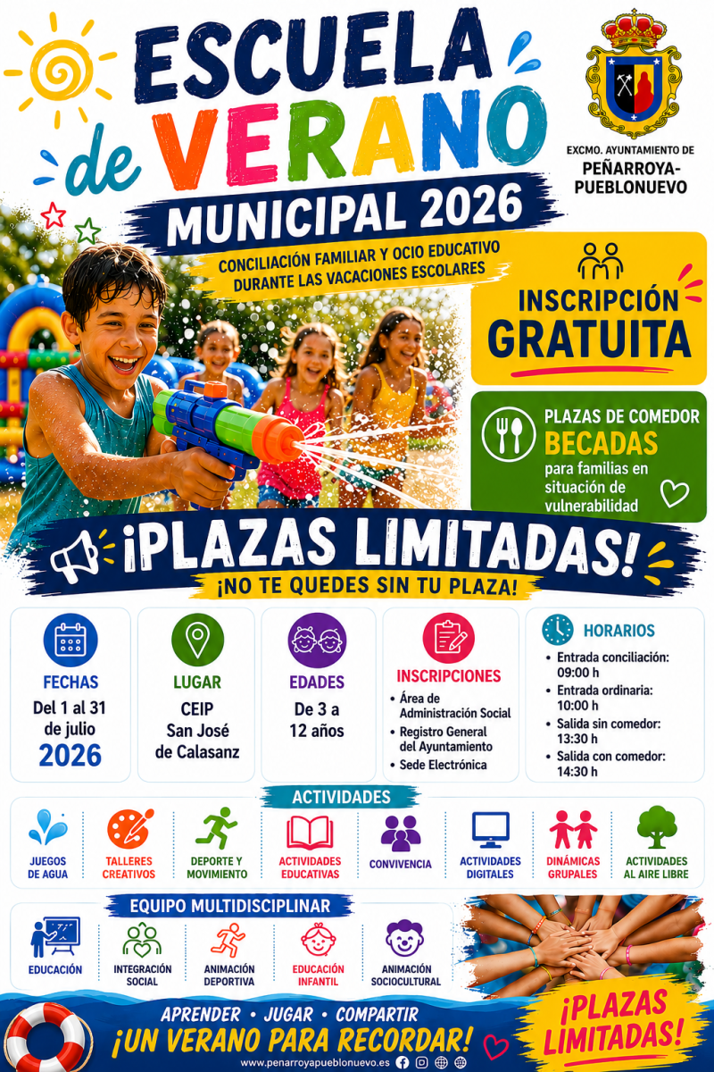 Escuela de Verano Municipal 2026: inscripciones abiertas (3-12 años), 1-31 julio