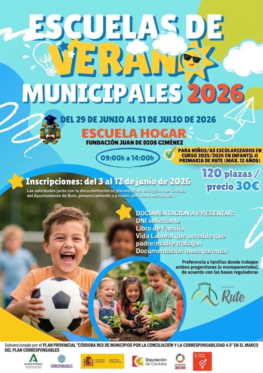 Inscripciones 3-12 jun para campamento en Rute (29 jun-31 jul 2026). 120 plazas, 30€