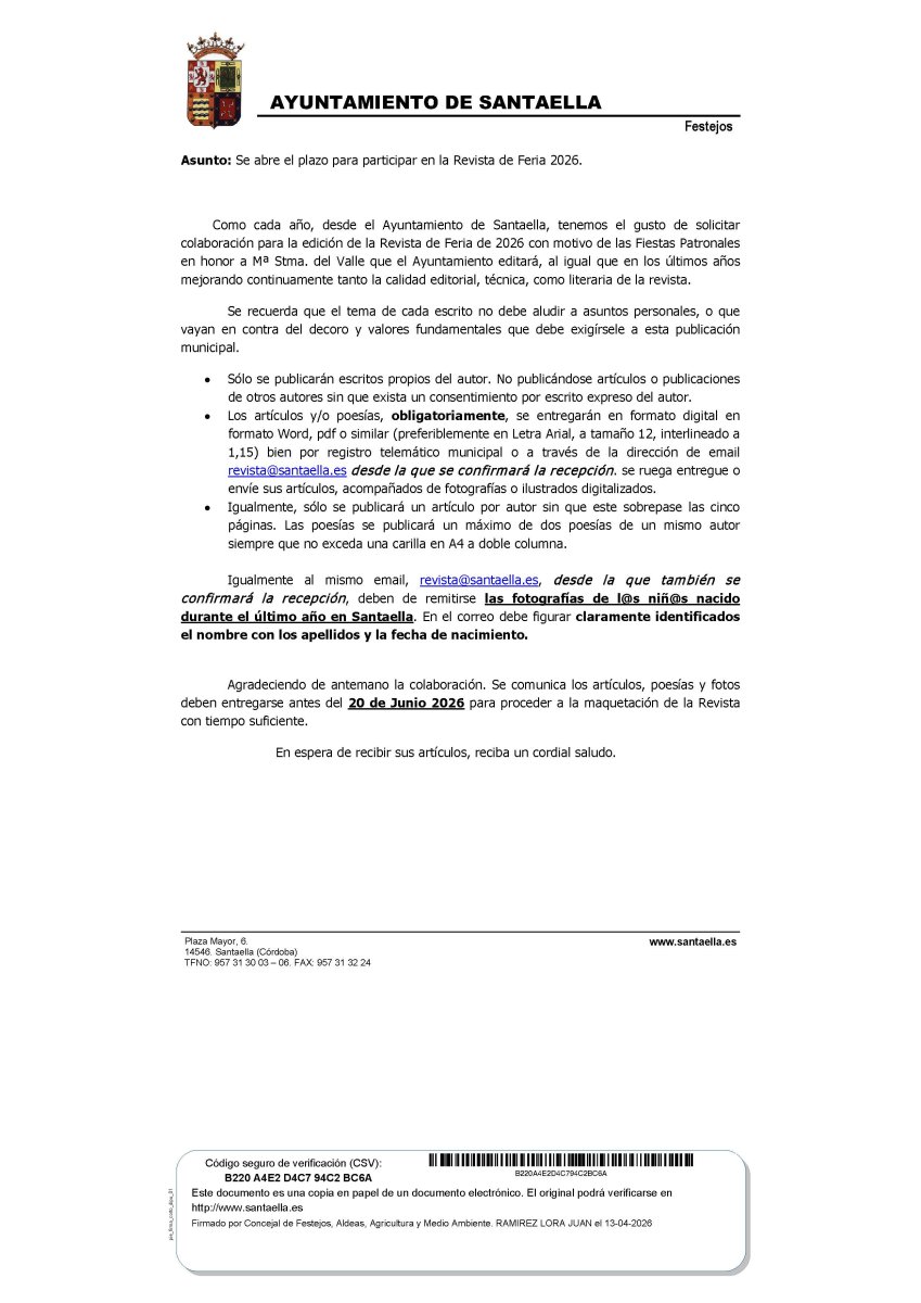 Convocan colaboraciones para la Revista de Feria de Santaella 2026; plazo hasta el 20 de junio