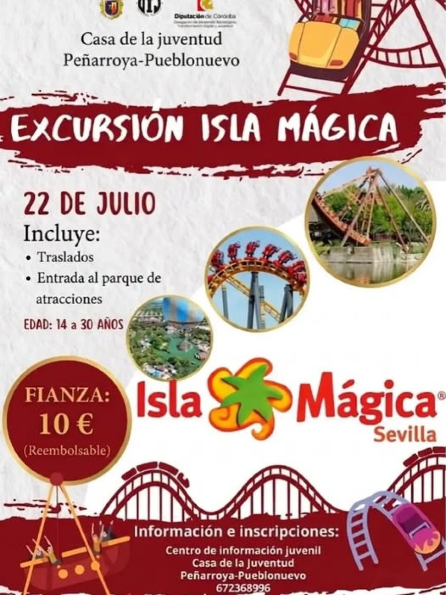 Peñarroya: salida juvenil a Isla Mágica el 22 de julio con autobús y entrada gratis (fianza 10 €)