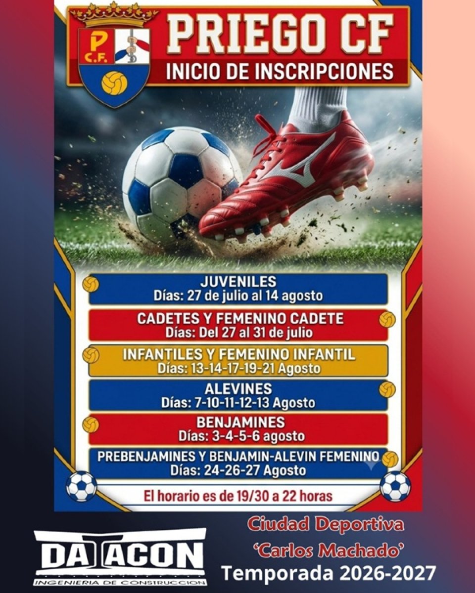 Inscripciones 2026-27 abiertas: cantera de prebenjamín a juvenil en Ciudad Deportiva Carlos Machado