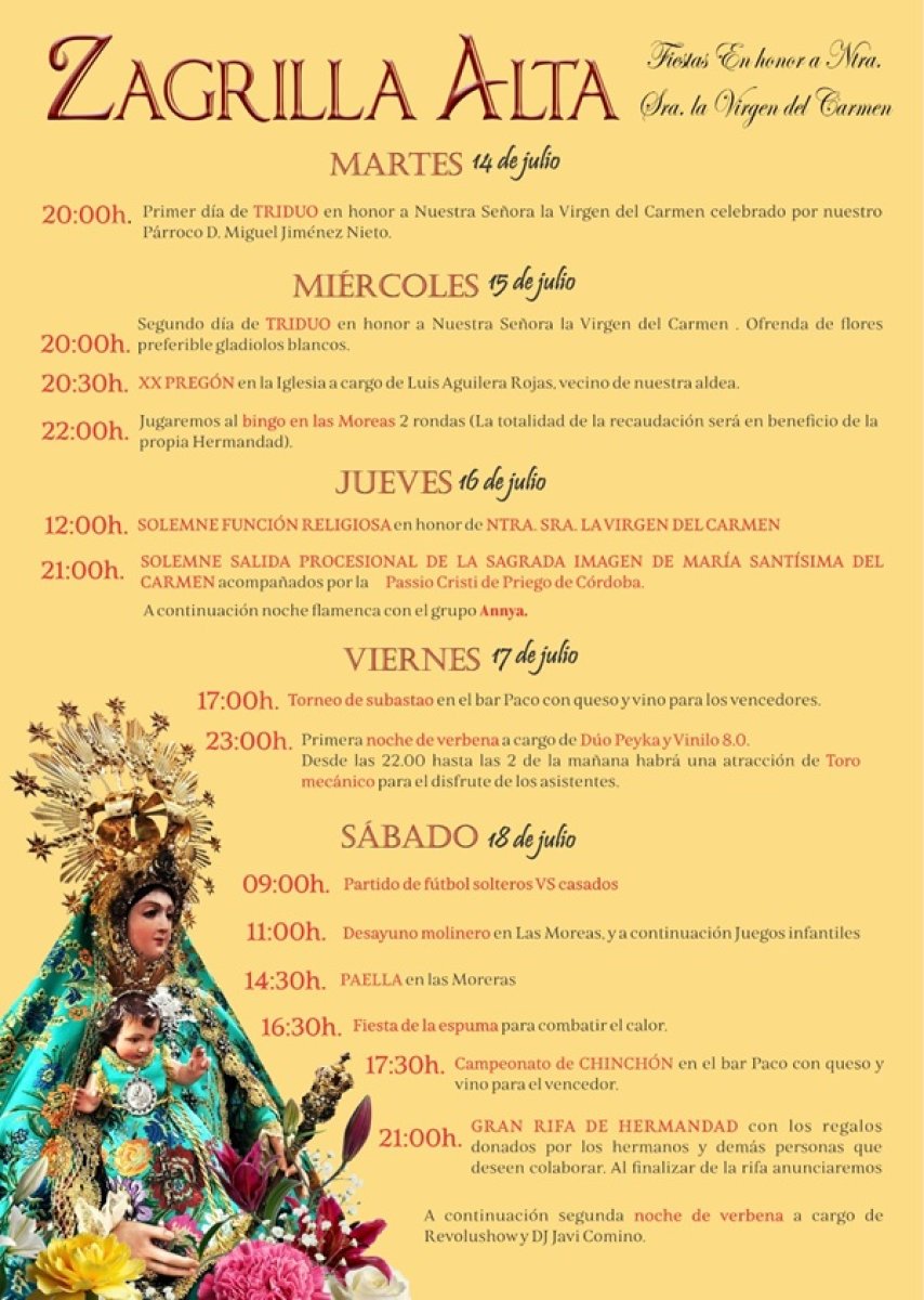 Zagrilla Alta celebra del 15 al 18 de julio con procesión, música y fiesta popular