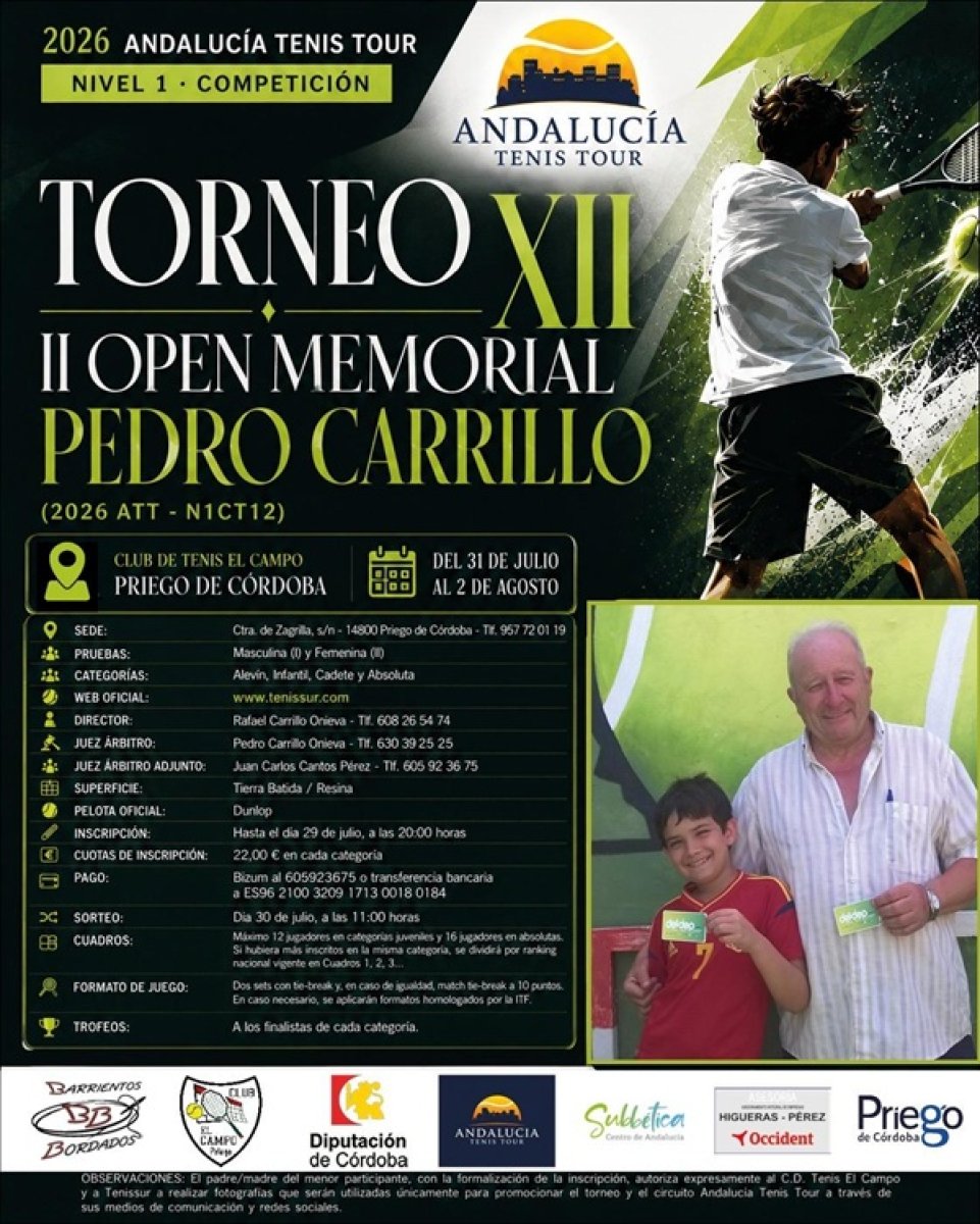 XII Torneo Memorial Pedro Carrillo en Priego (31 jul–2 ago) — Andalucía Tenis Tour 2026