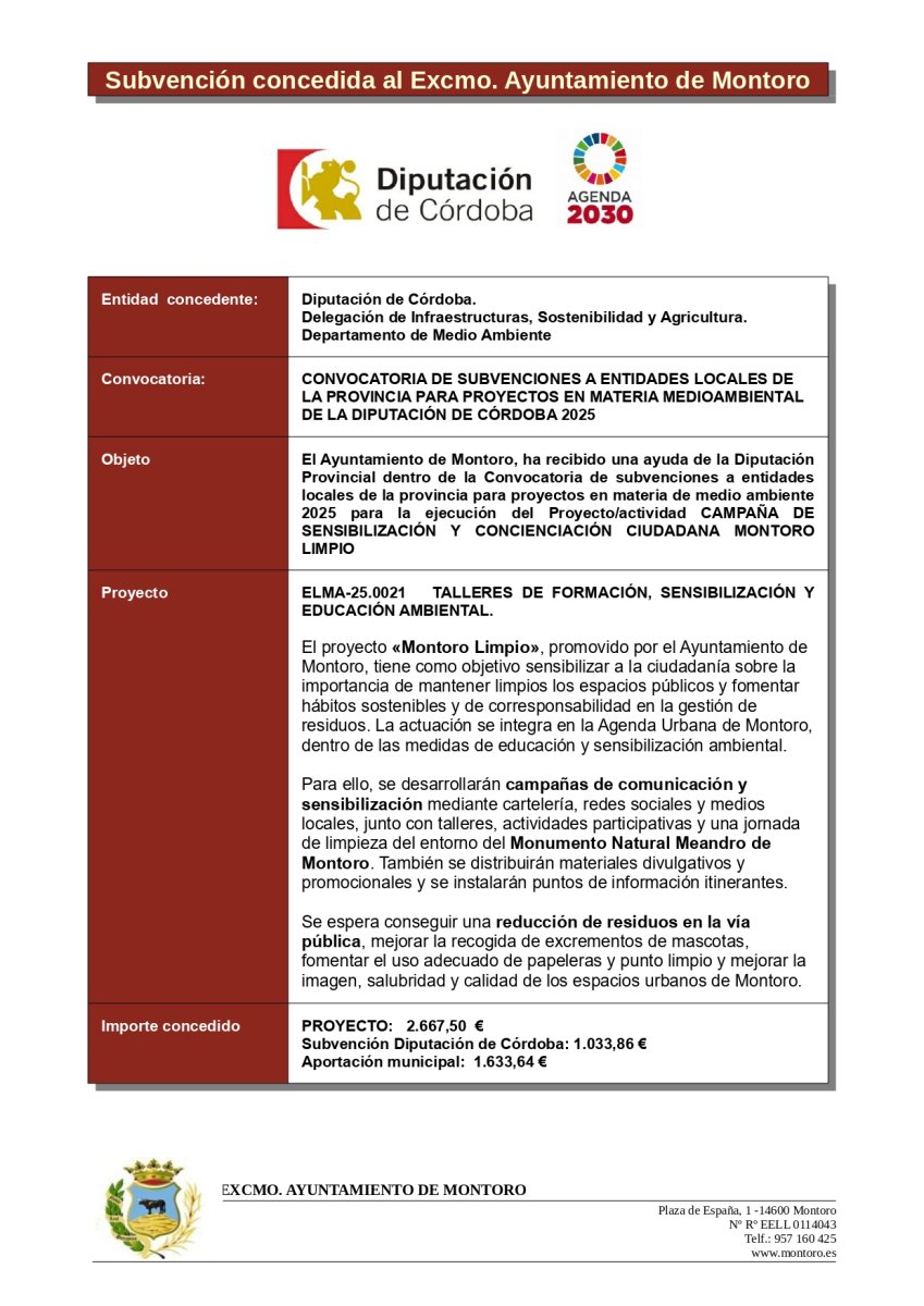 SUBVENCIÓN CONCEDIDA DIPUTACIÓN DE CÓRDOBA: PROYECTOS EN MATERIA MEDIOAMBIENTAL 2025