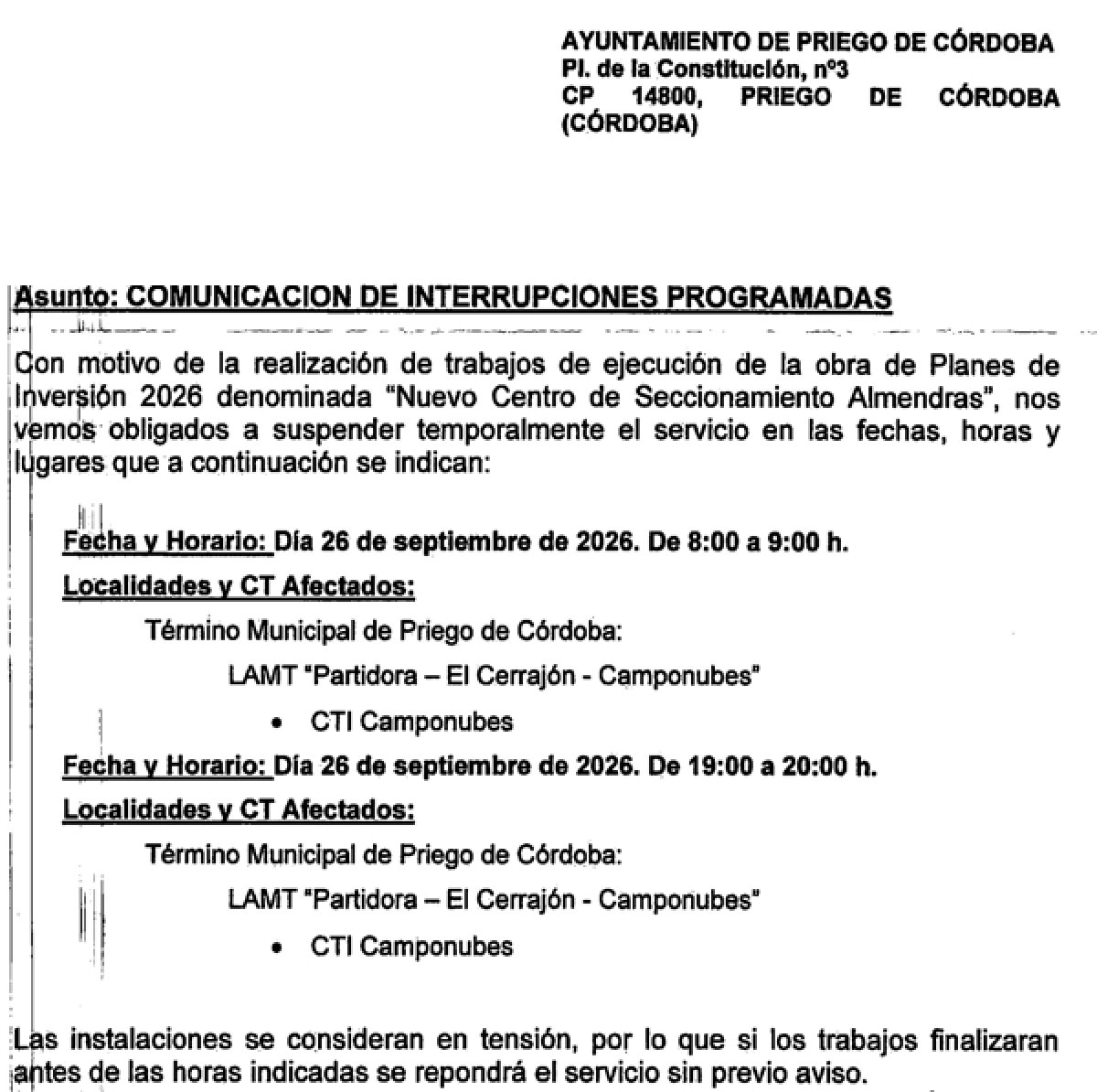 Corte de la Energía Eléctrica en Camponubes, 26 septiembre de 8 a 9h y de 19 a 20h.