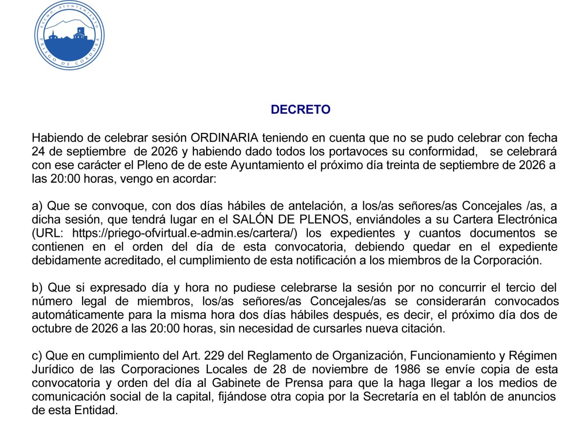 Próximo Pleno convocado para el 30 de septiembre de 2026, Síguelo en Directo