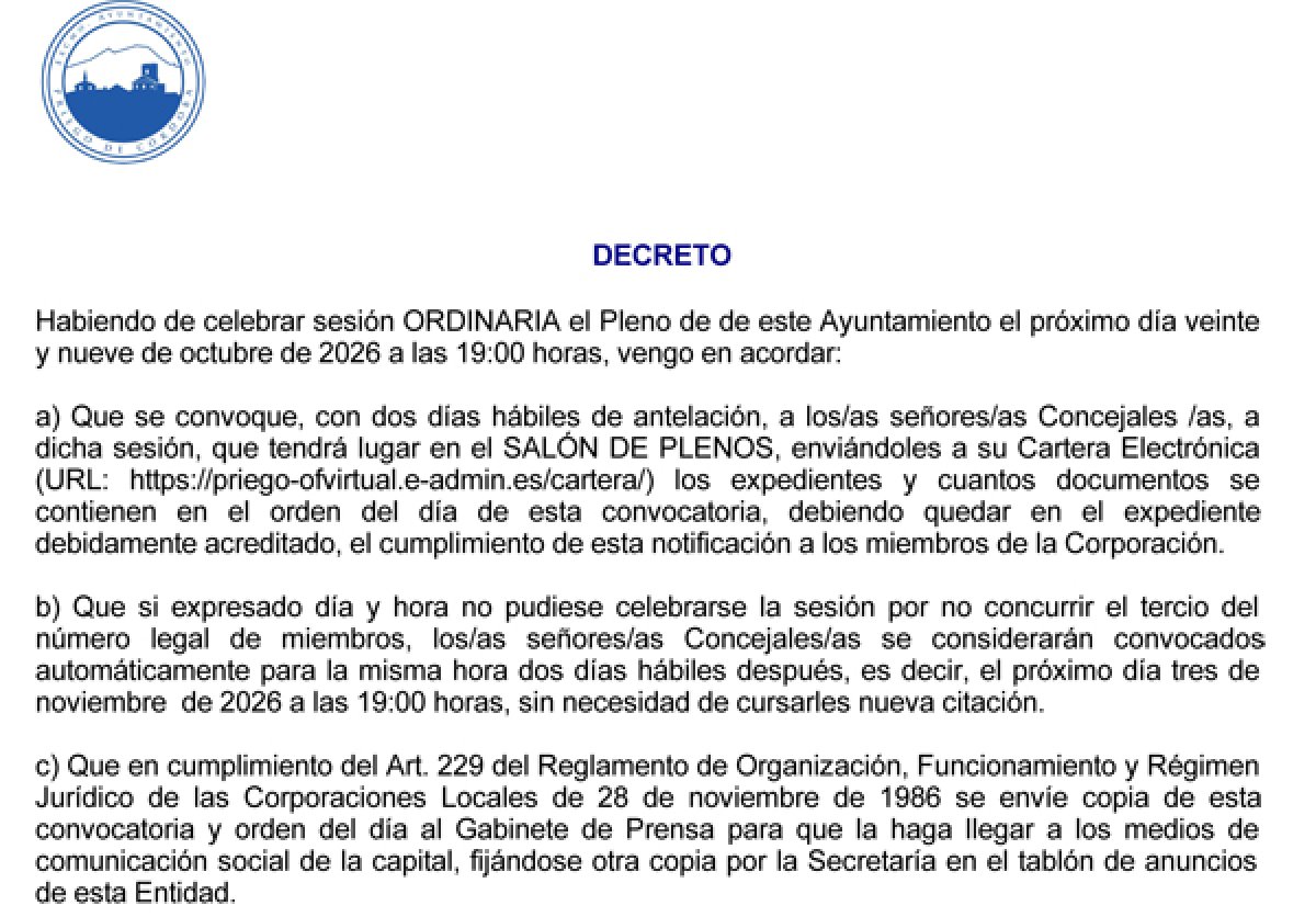 Próximo Pleno convocado para el 29 de octubre de 2026, Síguelo en Directo