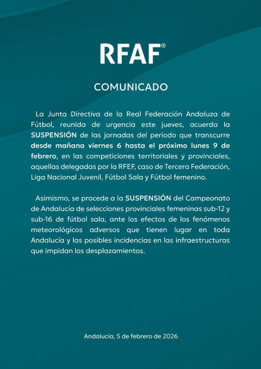 La RFAF suspende competiciones andaluzas del 6 al 9 de febrero por el temporal