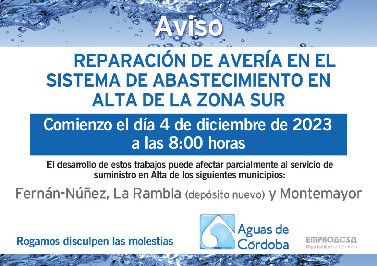AVISO CORTE SUMINISTRO POR REPARACIÓN AVERÍA el 4/12/2023