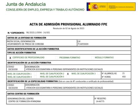 imagen de Se ha publicado en Oficina Virtual Formación Profesional del Empleo, el acta provisional alumnado CURSO ATENCIÓN SOCIOSANITARIA A PERSONAS DEPENDIENTES EN INSTITUCIONES SOCIALES EN PRIEGO DE CÓRDOBA (SSCS0208).