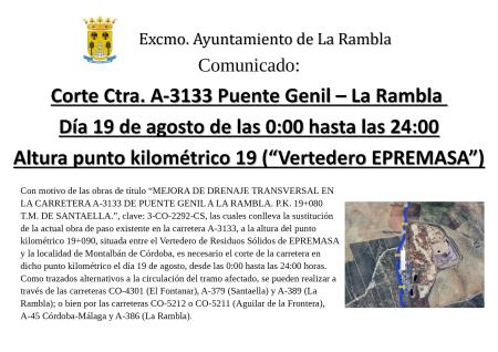 imagen de CORTE DE CARRETERA A3133 PRÓXIMO DÍA 19 DE AGOSTO