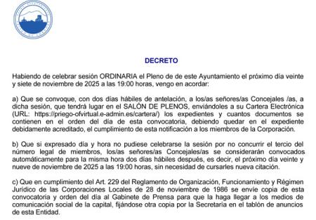 imagen de Próximo Pleno convocado para el 27 de noviembre de 2025, Síguelo en Directo