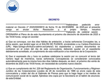 imagen de Próximo Pleno convocado para el 18 de diciembre de 2025, Síguelo en Directo