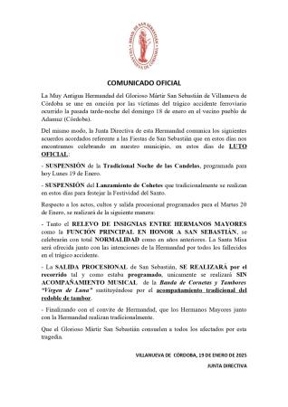 imagen de La Hermandad de San Sebastián en Villanueva de Córdoba suspende Las Candelas del Santo este Lunes y mantiene los actos litúrgicos del día 20.