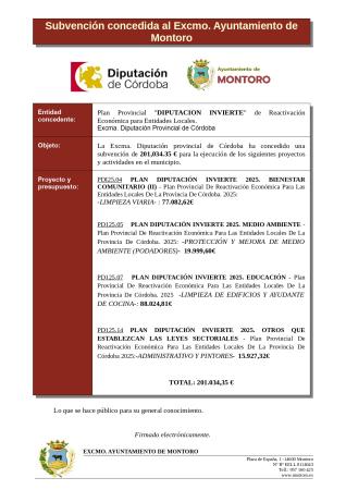 imagen de SUBVENCIÓN DIPUTACIÓN DE CÓRDOBA. INVIERTE 2025