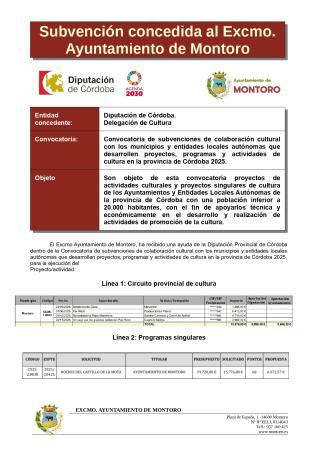 imagen de SUBVENCIÓN CONCEDIDA DIPUTACIÓN DE CÓRDOBA. PROYECTOS, PROGRAMAS Y ACTIVIDADES DE CULTURA 2025
