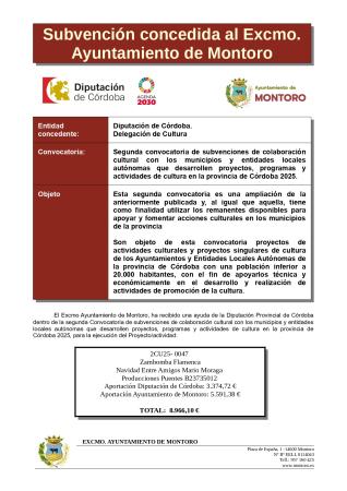 imagen de SEGUNDA SUBVENCIÓN CONCEDIDA DIPUTACIÓN DE CÓRDOBA. PROYECTOS, PROGRAMAS Y ACTIVIDADES DE CULTURA 2025