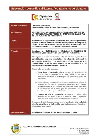 imagen de Subvención concedida Diputación de Córdoba – Proyectos en materia medio ambiental 2024