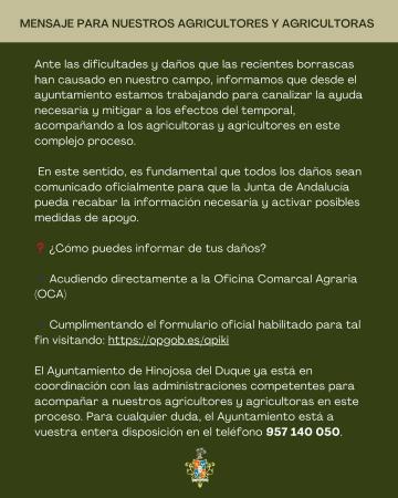 Hinojosa del Duque pide a agricultores notificar daños por borrascas para tramitar ayudas