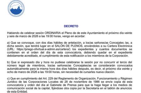 imagen de Próximo Pleno convocado para el 26 de marzo de 2026, Síguelo en Directo