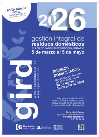 imagen de Puesta al cobro por la Gestión Integral de Residuos Domésticos correspondiente al ejercicio 2026. El período de ingreso voluntario se extiende del 5 de marzo al 5 de mayo.