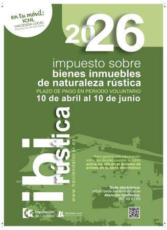 imagen de Puesta al cobro del Impuesto sobre Bienes Inmuebles de Naturaleza Rústica correspondiente al ejercicio 2026. El período de ingreso voluntario se extiende del 10 de abril al 10 de junio.