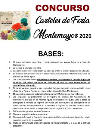 imagen de Concurso de carteles Feria Montemayor 2026: tema libre, sin IA, plazo 22 mayo, premio 300€