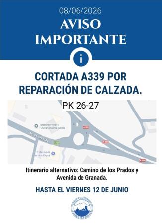 imagen de A-339 (km 26-27) cortada en Priego de Córdoba hasta el 12/6; usar Av. Granada o Camino de los Prados