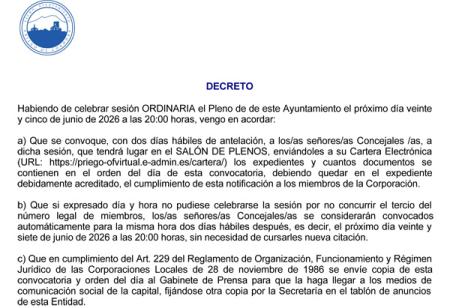 imagen de Próximo Pleno convocado para el 25 de junio de 2026, Síguelo en Directo
