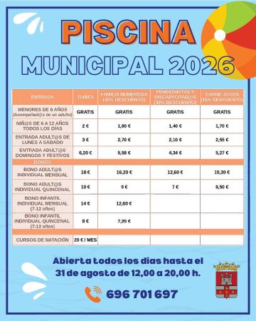 imagen de Tarifas piscina municipal de verano 2026