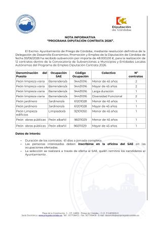 imagen de 12 contratos dentro de la Convocatoria de Subvenciones a Municipios y Entidades Locales Autónomas del Programa de Empleo Diputación Contrata 2026