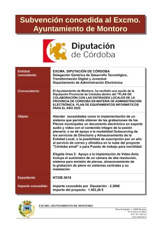 imagen de SUBVENCIÓN CONCEDIDA DIPUTACIÓN DE CÓRDOBA- PLAN DE EQUIPAMIENTOS 2025