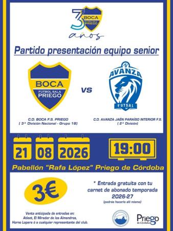 imagen de Boca Fútbol Sala Priego se presenta el 21 de agosto (19:00) ante Avanza Jaén en Rafa López