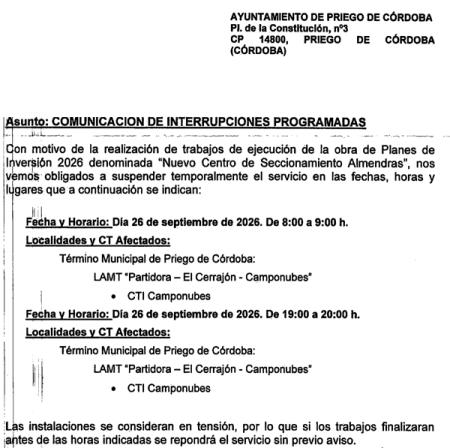 imagen de Corte de la Energía Eléctrica en Camponubes, 26 septiembre de 8 a 9h y de 19 a 20h.