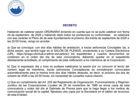 imagen de Próximo Pleno convocado para el 30 de septiembre de 2026, Síguelo en Directo