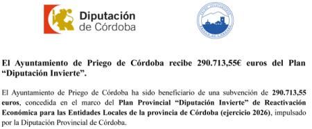 imagen de El Ayuntamiento de Priego de Córdoba recibe 290.713,55€ euros del Plan “Diputación Invierte 2026”.