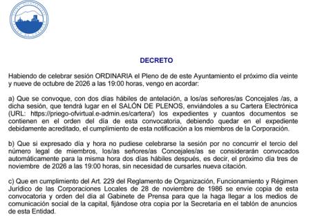imagen de Próximo Pleno convocado para el 29 de octubre de 2026, Síguelo en Directo