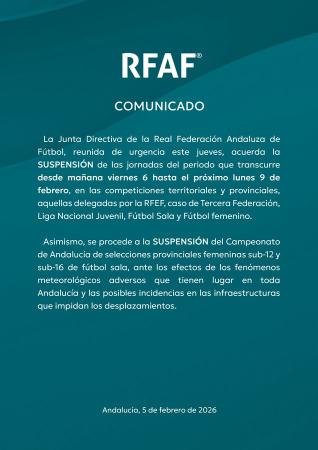 imagen de La RFAF suspende competiciones andaluzas del 6 al 9 de febrero por el temporal