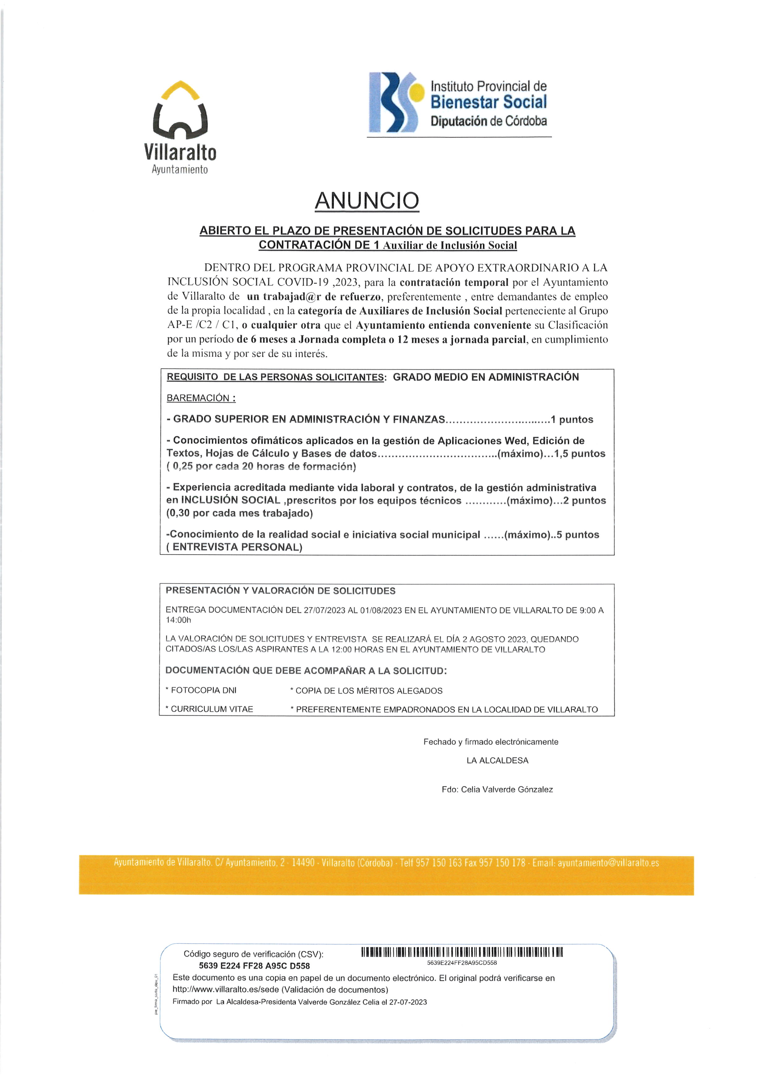 El Ayuntamiento de Villaralto convoca proceso de contratación para Auxiliar de Inclusión Social. ¡Participa!