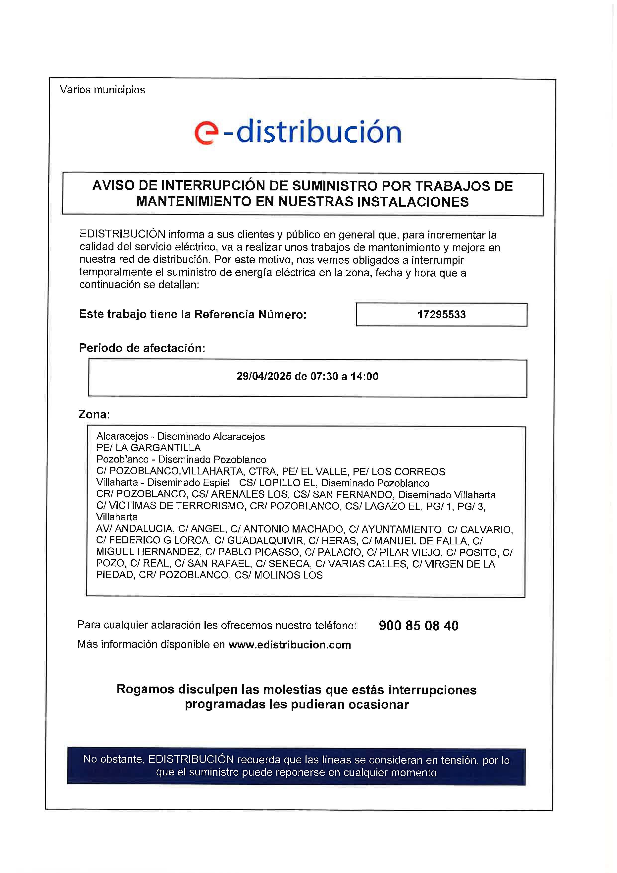AVISO. CORTE DE ELECTRICIDAD