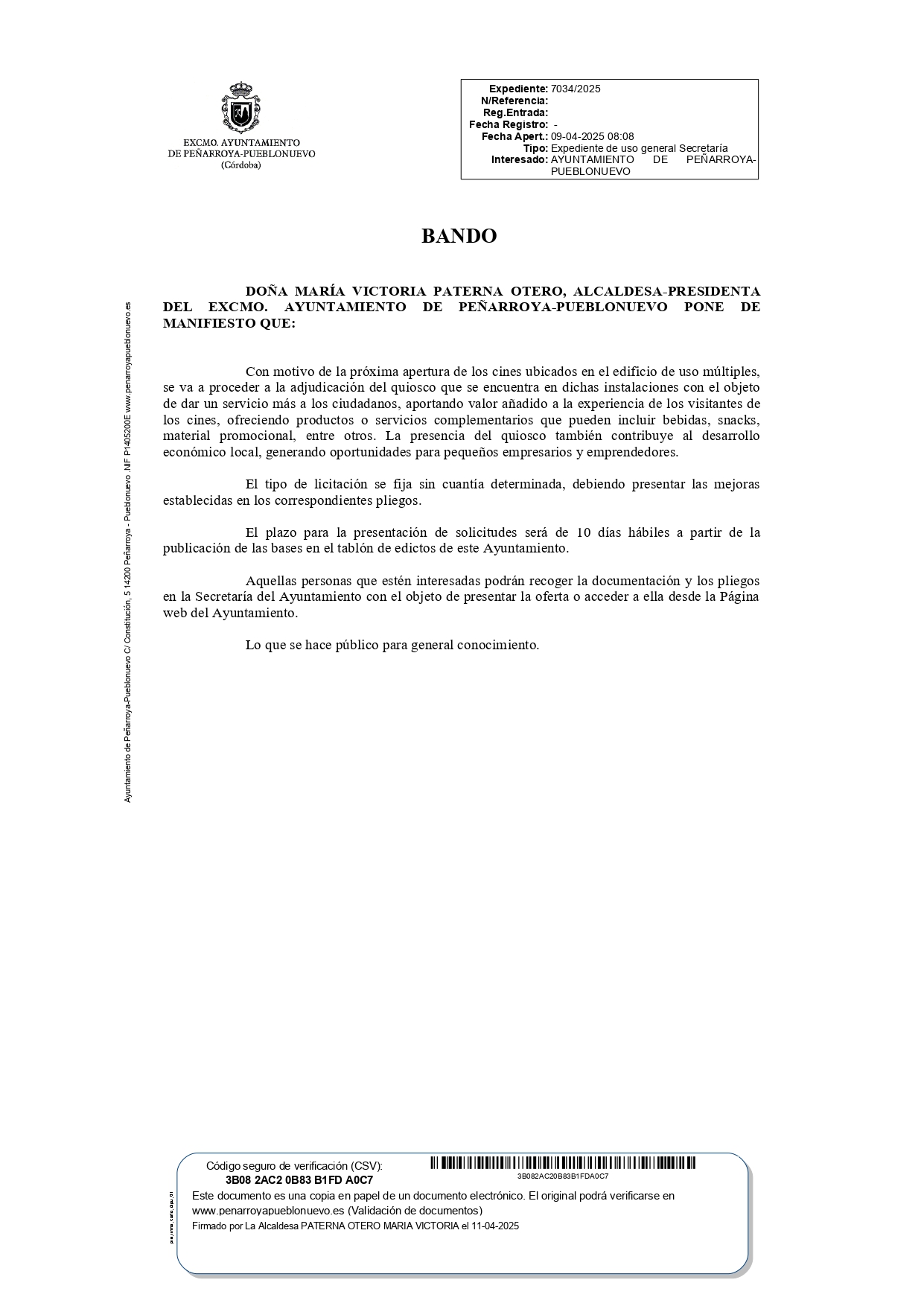 Bando: Adjudicación del quiosco del edificio de usos múltiples con motivo de la próxima apertura de los cines