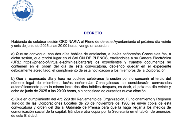 Próximo Pleno convocado para el 26 de junio de 2025, Síguelo en Directo