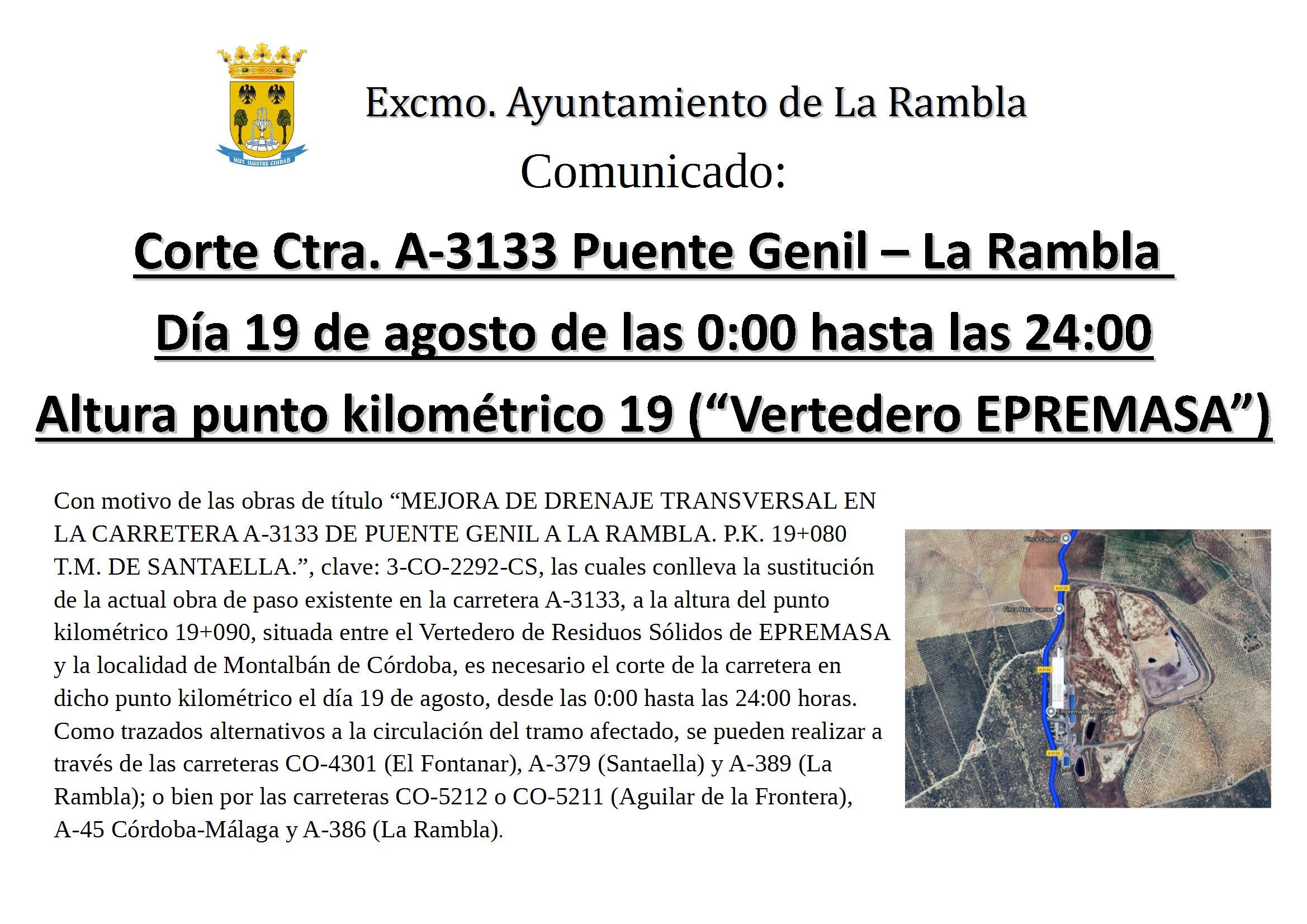 CORTE DE CARRETERA A3133 PRÓXIMO DÍA 19 DE AGOSTO