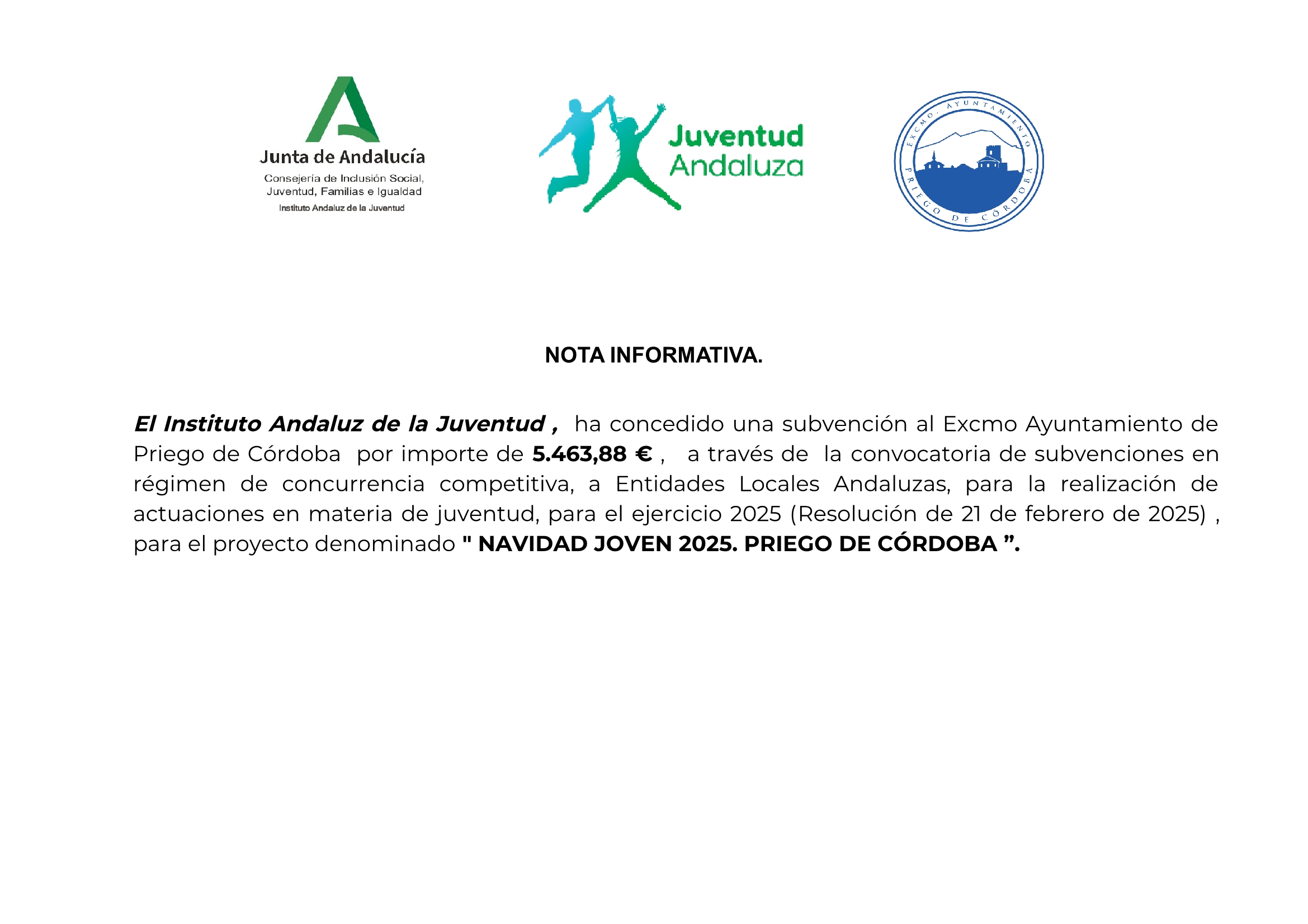 CONCEDIDA SUBVENCIÓN POR EL INSTITUTO ANDALUZ DE LA JUVENTUD