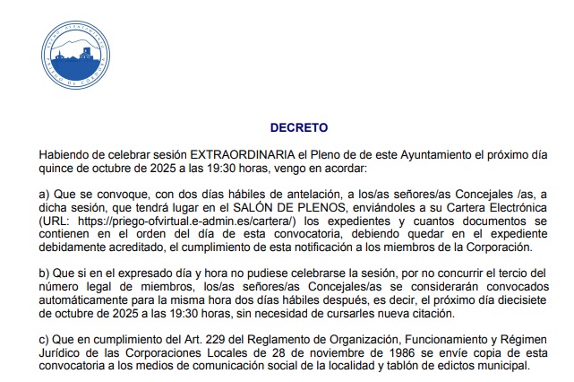 Próximo Pleno convocado para el 15 de octubre de 2025, Síguelo en Directo