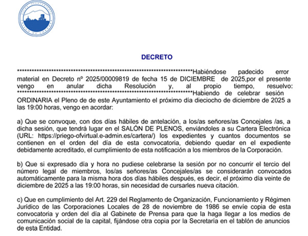 Próximo Pleno convocado para el 18 de diciembre de 2025, Síguelo en Directo