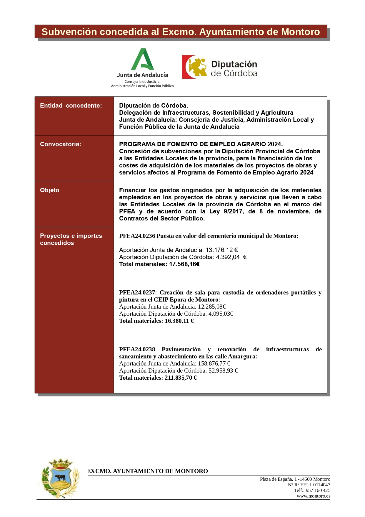 SUBVENCIÓN CONCEDIDA MATERIALES PFEA 2024